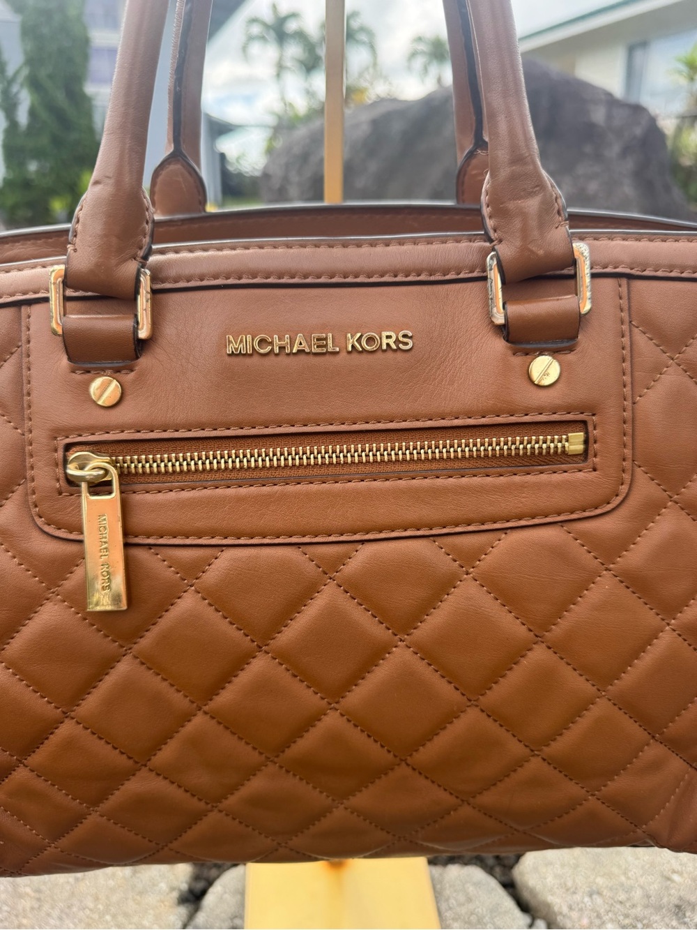 MICHAEL Michael Kors Quilted Leather Satchel Brown Gold Tone Shoulder Bag - Picture 4 of 14
